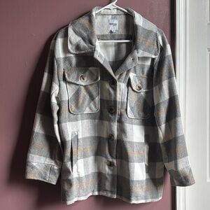 Kensie Plaid Button-Front Utility Jacket in Gray, Cream & Tan